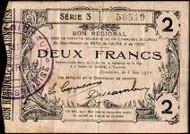 Bon de 2 francs - Série 3 - numéro 58519 - Fourmies, 8 mai 1916 - Bon régional - 176 communes - face