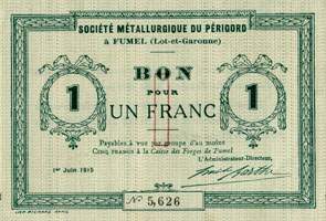 Bon de la Société Métallurgique du Périgord - 1 franc - Fumel (Lot-et-Garonne - 47) - face