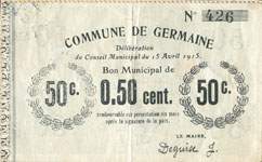 Bon de 50 centimes de Germaine - Délibération du Conseil Municipal du 15 avril 1915 - face