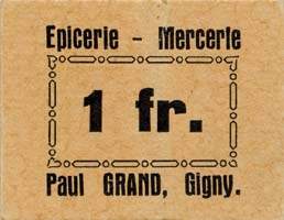 Bon de 1 franc de l'Epicerie Mercerie Paul Grand à Gigny (Yonne - 89)