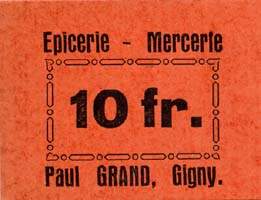 Bon de 10 francs de l'Epicerie Mercerie Paul Grand à Gigny (Yonne - 89)