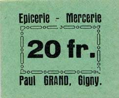 Bon de 20 francs de l'Epicerie Mercerie Paul Grand à Gigny (Yonne - 89)