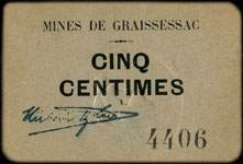 Bon de 5 centimes des Mines de Graissessac (Hérault - département 34) - face