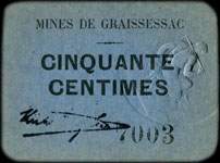 Bon de 50 centimes des Mines de Graissessac (Hérault - département 34) - face