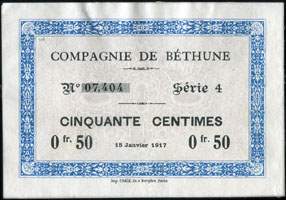 Bon de 50 centimes - Série 4 - numéro 07,404 du 15 janvier 1917 de la Compagnie de Béthune à Grenay (Pas-de-Calais - département 62)