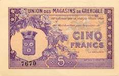 Bon de 5 francs de l'Union des Magasins de Grenoble (Isère - département 38) - face