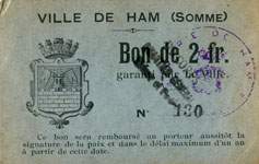 Bon de 2 francs - n° 130 de la Ville d'Halluin (Somme - département 80) - face