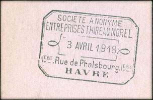 Entreprise Thireau Morel - Prime de Travail - 0,50 franc - Cachet 3 avril 1918 au dos - dos