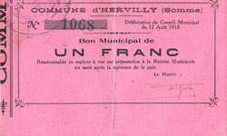 Bon de 1 franc Hervilly - Délibération du Conseil Municipal du 12 août 1915 - face