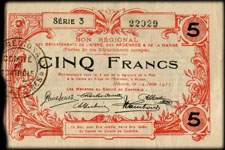 Bon régional des départements de l'Aisne, des Ardennes & de la Marne de 5 francs du 14 juin 1917 - série 3 - numéro 22929 - face