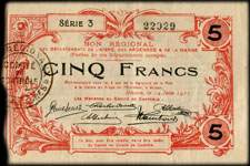 Bon r�gional des d�partements de l'Aisne, des Ardennes & de la Marne de 5 francs du 14 juin 1917 - s�rie 3 - num�ro 22929 - face