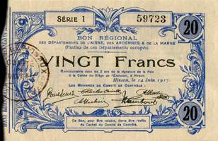 Bon régional des départements de l'Aisne, des Ardennes & de la Marne de 20 francs du 14 juin 1917 - série 1 - numéro 59723 - face