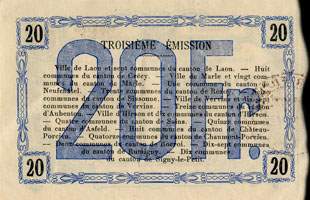Bon r�gional des d�partements de l'Aisne, des Ardennes & de la Marne de 20 francs du 14 juin 1917 - s�rie 1 - num�ro 59723 - dos
