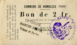 Bon de 2 francs - Numéro 2551 - Commune de Hombleux - face