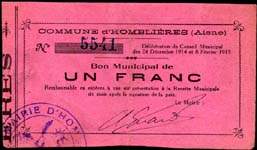Bon de 1 franc - Homblières - délibérations du Conseil Municipal des 24 décembre 1914 et 8 février 1915 - face