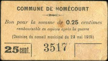 Bon de 25 centimes - Numéro 3517 - Commune de Homécourt - face