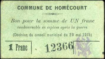 Bon de 1 franc - Numéro 12366 - Commune de Homécourt - face
