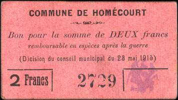 Bon de 2 francs - Numéro 2729 - Commune de Homécourt - face