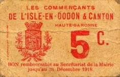 Bon de 5 centimes - Les Commerçants de l'Isle-en-Dodon (Haute-Garonne - département 31) - face
