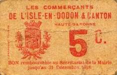 Bon de 5 centimes - Les Commerçants de l'Isle-en-Dodon (Haute-Garonne - département 31) - dos