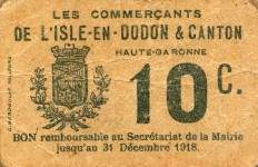 Bon de 10 centimes - Les Commerçants de l'Isle-en-Dodon (Haute-Garonne - département 31) - face