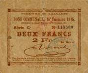 Bons communaux, 15e émission 1915 - 2 francs - Commune de Lallaing - Délibération du Conseil Municipal du 13 Novembre 1914 - face