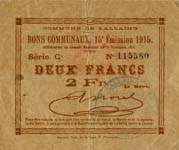 Bons communaux, 15e �mission 1915 - 2 francs - Commune de Lallaing - D�lib�ration du Conseil Municipal du 13 Novembre 1914 - face