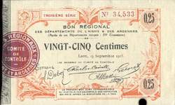Billet de 25 centimes - Troisième série - Laon - Bon régional - 9 septembre 1915 - face