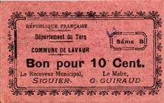 Bon de 10 centimes de la Commune de Lavaur - Série B - face