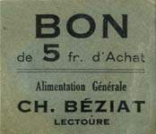 Bon de 5 francs d'Achat - Alimentation générale Ch. Béziat à Lectoure - face
