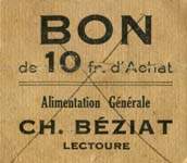Bon de 10 francs d'Achat - Alimentation générale Ch. Béziat à Lectoure - face