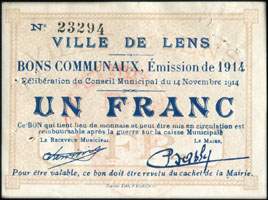Bon Communaux - 1 franc - Ville de Lens - Délibération du Conseil Municipal du 14 novembre 1914 - face