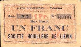 Bon de 1 franc - Société Houillère de Liévin - Date d'émission 7-9-1914 - face