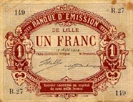Bon de 1 franc - 17 août 1914 - Banque d'Emission de Lille - face