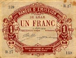 Bon de 1 franc - 17 ao�t 1914 - Banque d'Emission de Lille - face