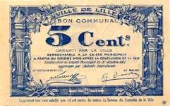 Bon de 5 centimes - s�rie A - Ville de Lille - Bon Communal - D�lib�ration du Conseil Municipal du 31 octobre 1917 - face