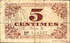 Bon de 5 centimes - série B - Ville de Lille - Bon Communal - Délibération du Conseil Municipal du 31 octobre 1917 - face