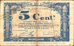 Bon de 5 centimes - s�rie B - Ville de Lille - Bon Communal - D�lib�ration du Conseil Municipal du 31 octobre 1917 - face