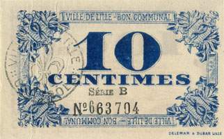 Bon de 10 centimes - série B - Ville de Lille - Bon Communal - Délibération du Conseil Municipal du 31 octobre 1917 - face