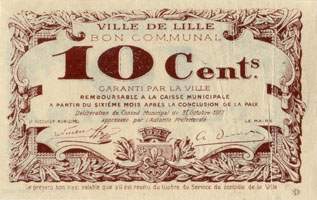Bon de 10 centimes - série B - Ville de Lille - Bon Communal - Délibération du Conseil Municipal du 31 octobre 1917 - dos