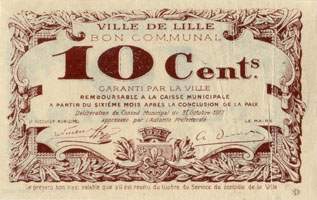 Bon de 10 centimes - s�rie B - Ville de Lille - Bon Communal - D�lib�ration du Conseil Municipal du 31 octobre 1917 - dos