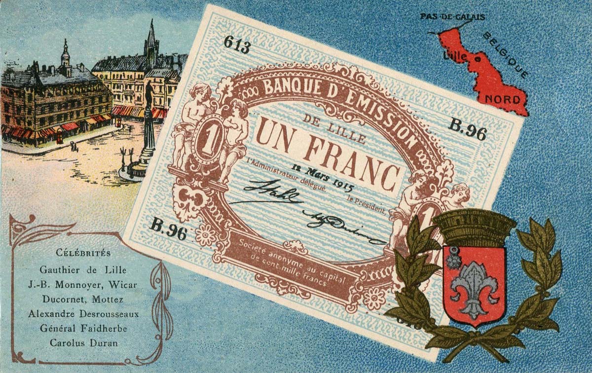 Carte postale repr�sentant un billet de 1 franc du 12 mars 1915 de Lille