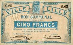 Bon de 5 francs - série S.65 - Ville de Lille - Bon Communal - Délibération du Conseil Municipal du 31 août 1914 - face