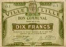 Bon de 10 francs - série O.1 - Ville de Lille - Bon Communal - Délibération du Conseil Municipal du 31 août 1914 - face