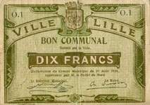 Bon de 10 francs - s�rie O.1 - Ville de Lille - Bon Communal - D�lib�ration du Conseil Municipal du 31 ao�t 1914 - face