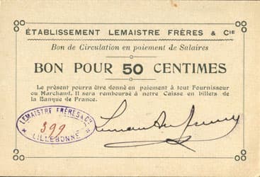 Bon de n�cessit� de l'Etablissement Lemaistre Fr�res & Cie Lillebonne (Seine-Maritime - 76) - Bon pour 50 centimes - face