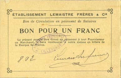 Bon de n�cessit� de l'Etablissement Lemaistre Fr�res & Cie Lillebonne (Seine-Maritime - 76) - Bon pour un franc - face