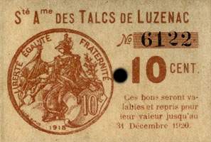Bon de 10 centimes - valable juqu'au 31 décembre 1920 - Société Anonyme des Talcs de Luzenac