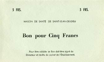 Bon de 5 francs - Maison de Santé de Saint-Jean-de-Dieu - Lyon (Rhône - 69)