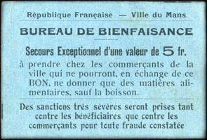 Bon de nécessité de 5 francs - Bureau de Bienfaisance du Mans (Sarthe - département 72) - face